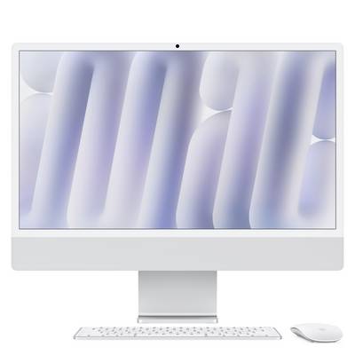 Apple-Desktop-Computer mit großem Monitor, Tastatur und Maus auf weißem Hintergrund.