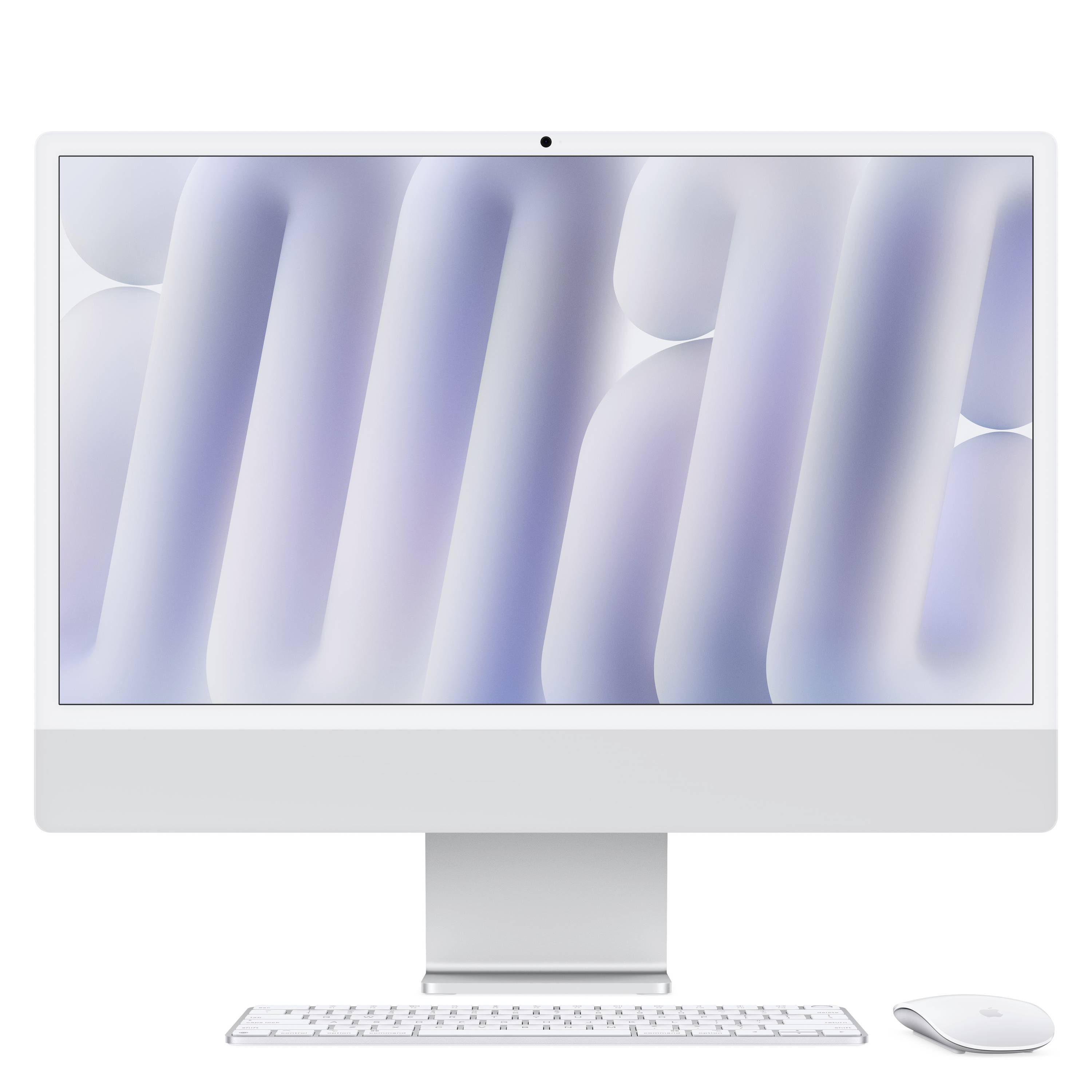 Apple iMac Desktop-Computer mit passendem Keyboard und Maus auf weißem Hintergrund.