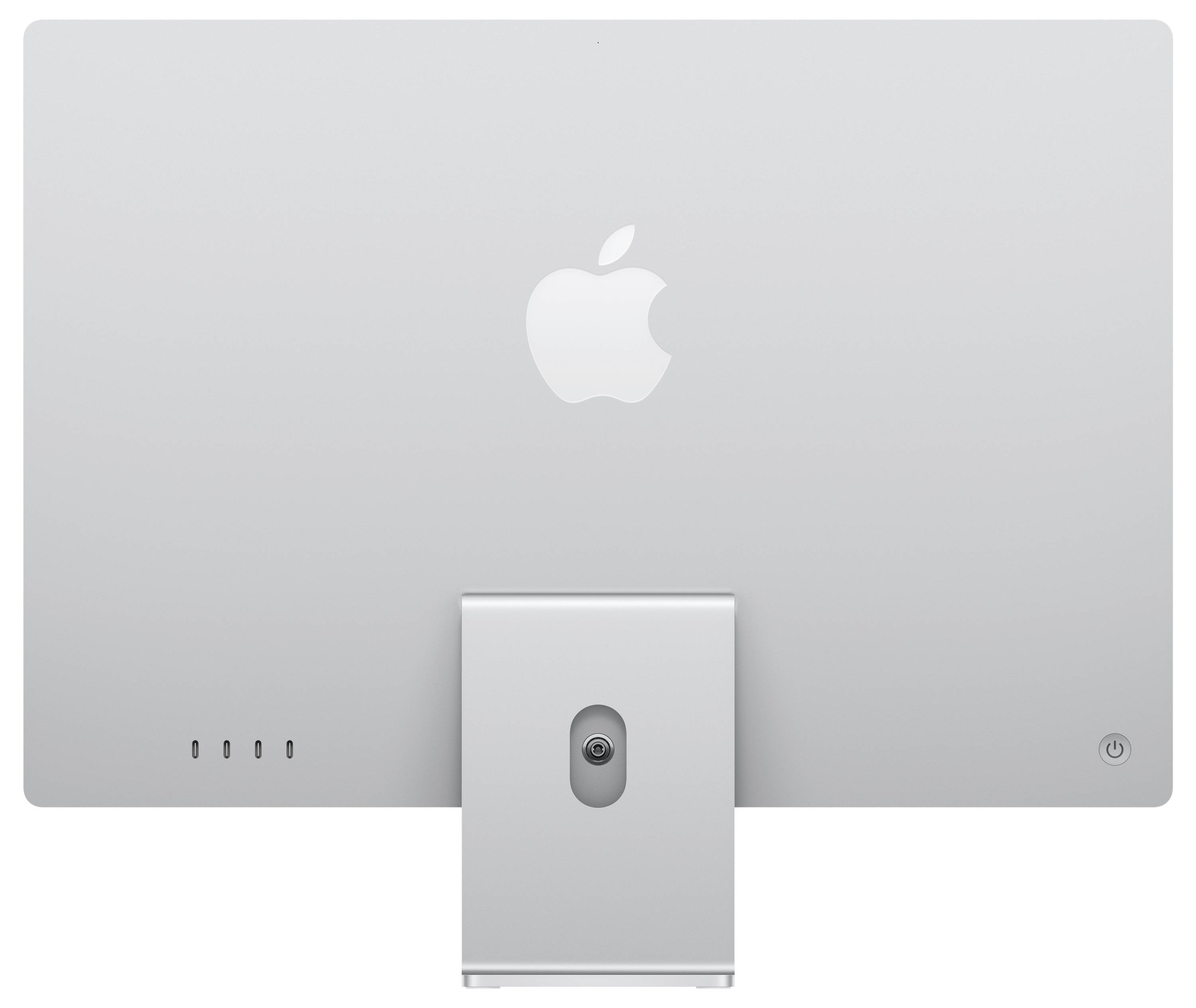 Rückansicht eines Apple iMac mit dem Apple-Logo, dem Ständer und den rückwärtigen Anschlüssen auf hellgrauem Hintergrund sichtbar.