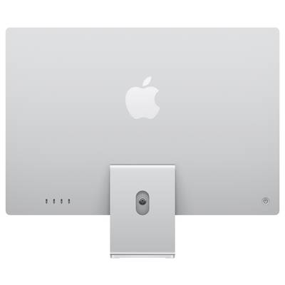 Rückansicht eines Apple iMac mit dem Apple-Logo, dem Ständer und den rückwärtigen Anschlüssen auf hellgrauem Hintergrund sichtbar.