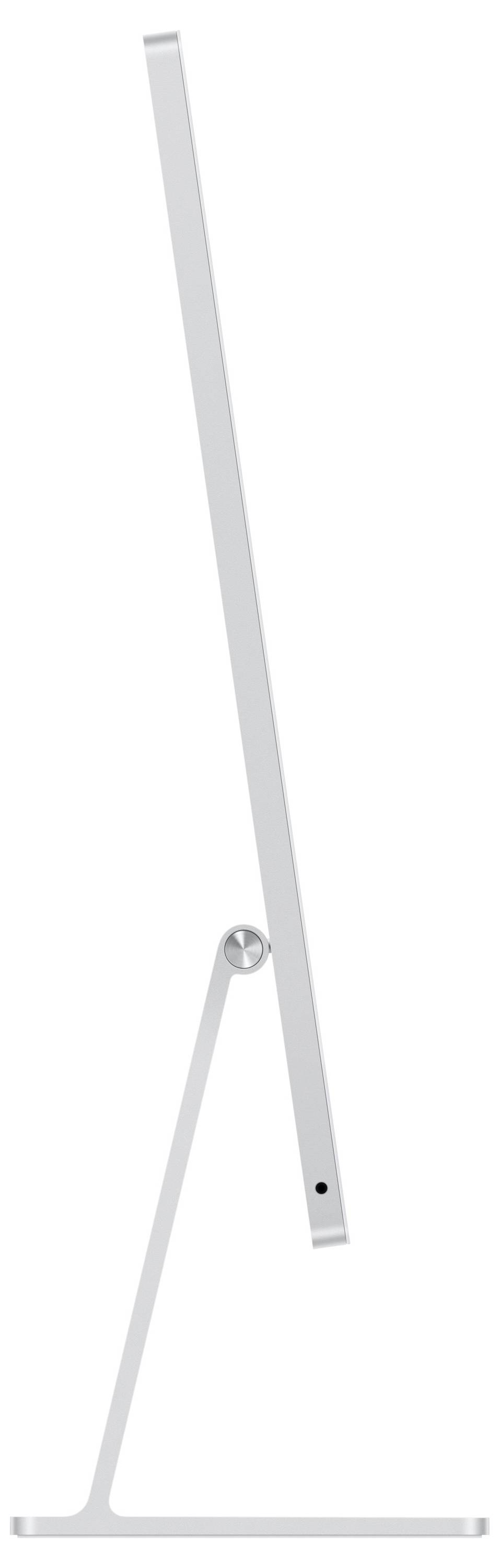 Minimalistische weiße verstellbare Schreibtischlampe in der Seitenansicht, mit einem langen schlanken vertikalen Leuchtfeld und rundem Drehgelenk auf einer schmalen Basis.