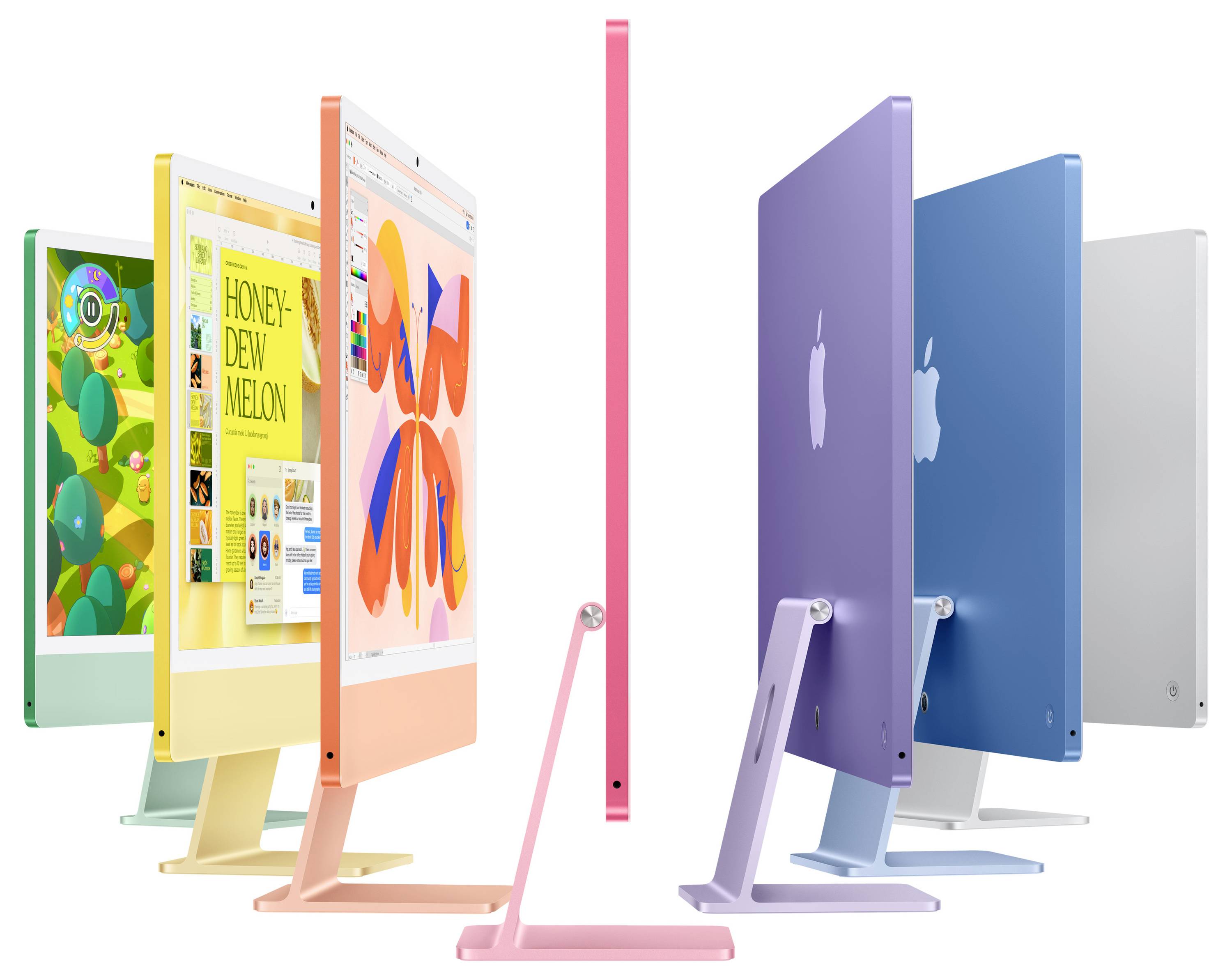 Drei farbenfrohe, schlanke Apple-ähnliche Desktop-Computer werden nebeneinander stehend gezeigt und zeigen helle abstrakte und Website-ähnliche Bildschirme.
