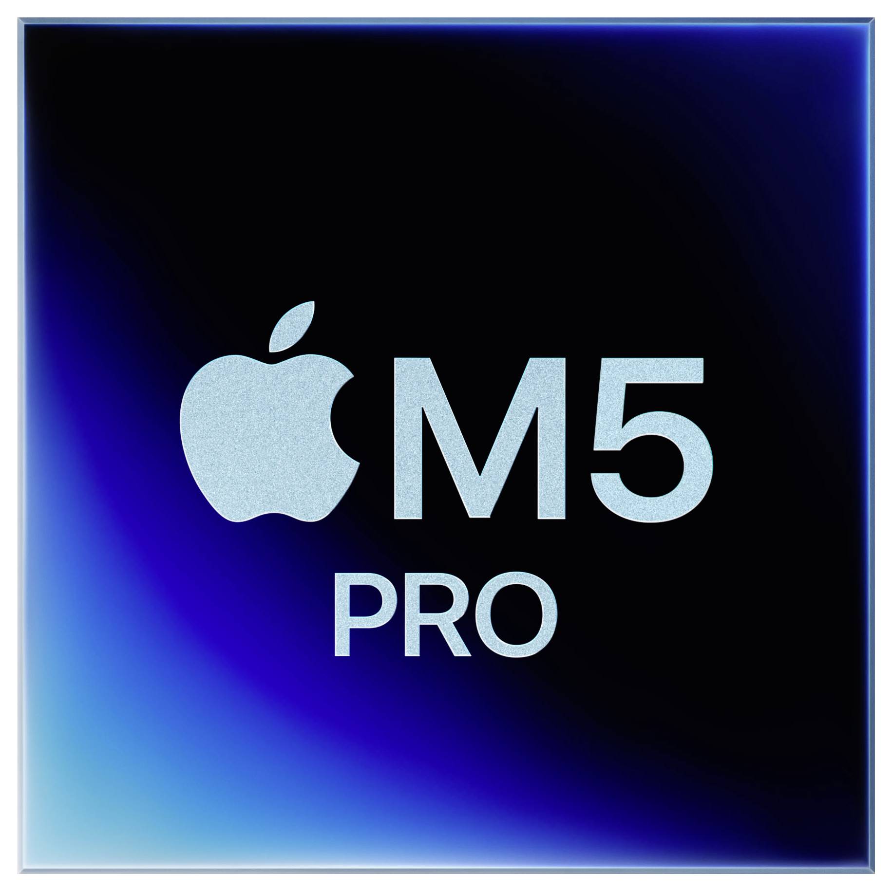 Apple M5 Pro-Logo auf dunklem blau-schwarzem Hintergrund mit blauem Leuchteffekt.