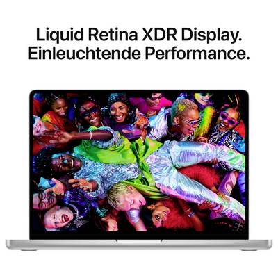MacBook mit 'Liquid Retina XDR Display. Einleuchtende Performance.' und farbenfrohem, lebendigem Gruppenbild auf dem Bildschirm.