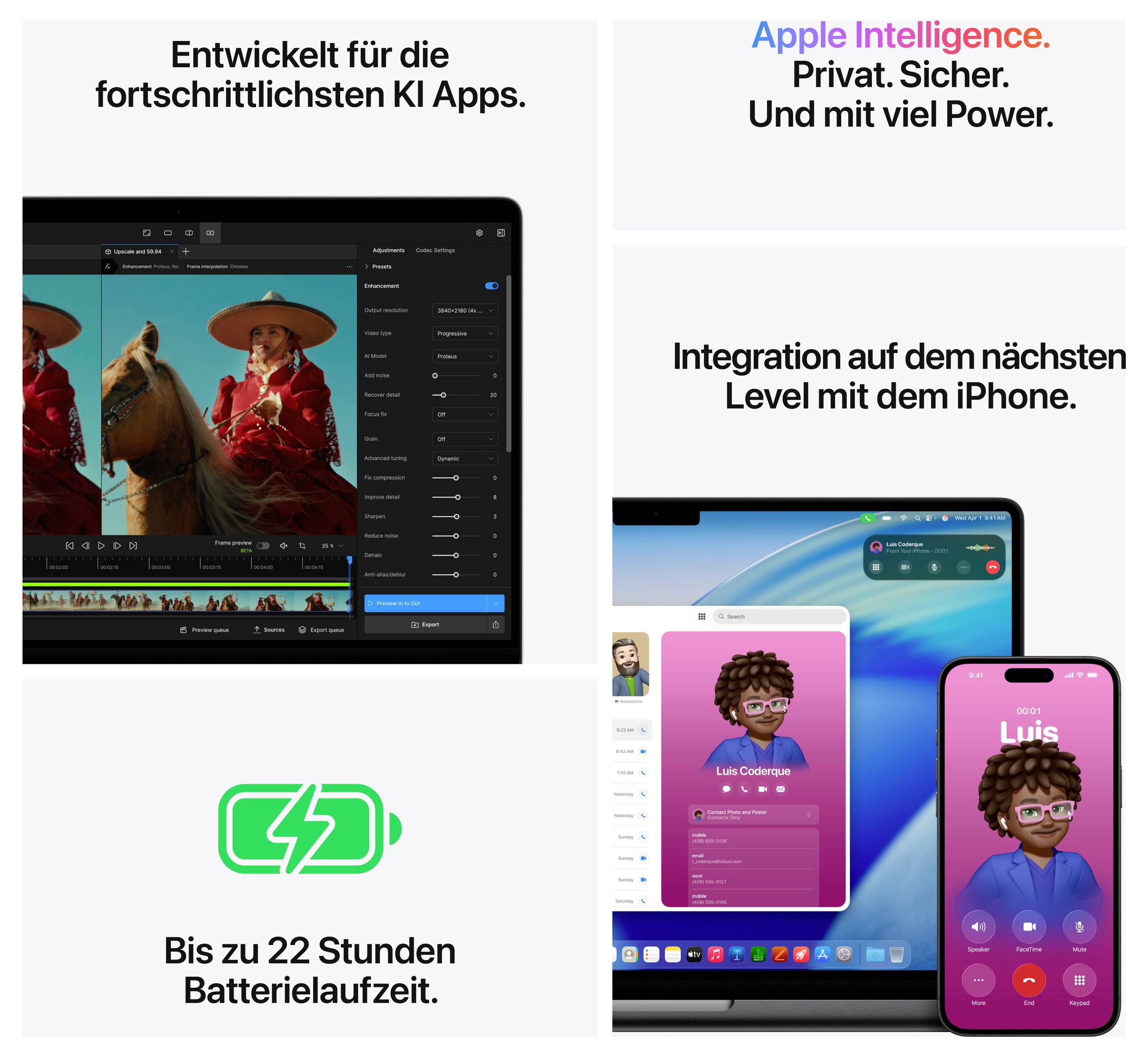 Werbegrafik zu Apple Intelligence: links ein Mac mit KI-Videoeditor und 'Bis zu 22 Stunden Batterielaufzeit'; rechts iPhone-Integration und Datenschutz-Hinweis.<br>