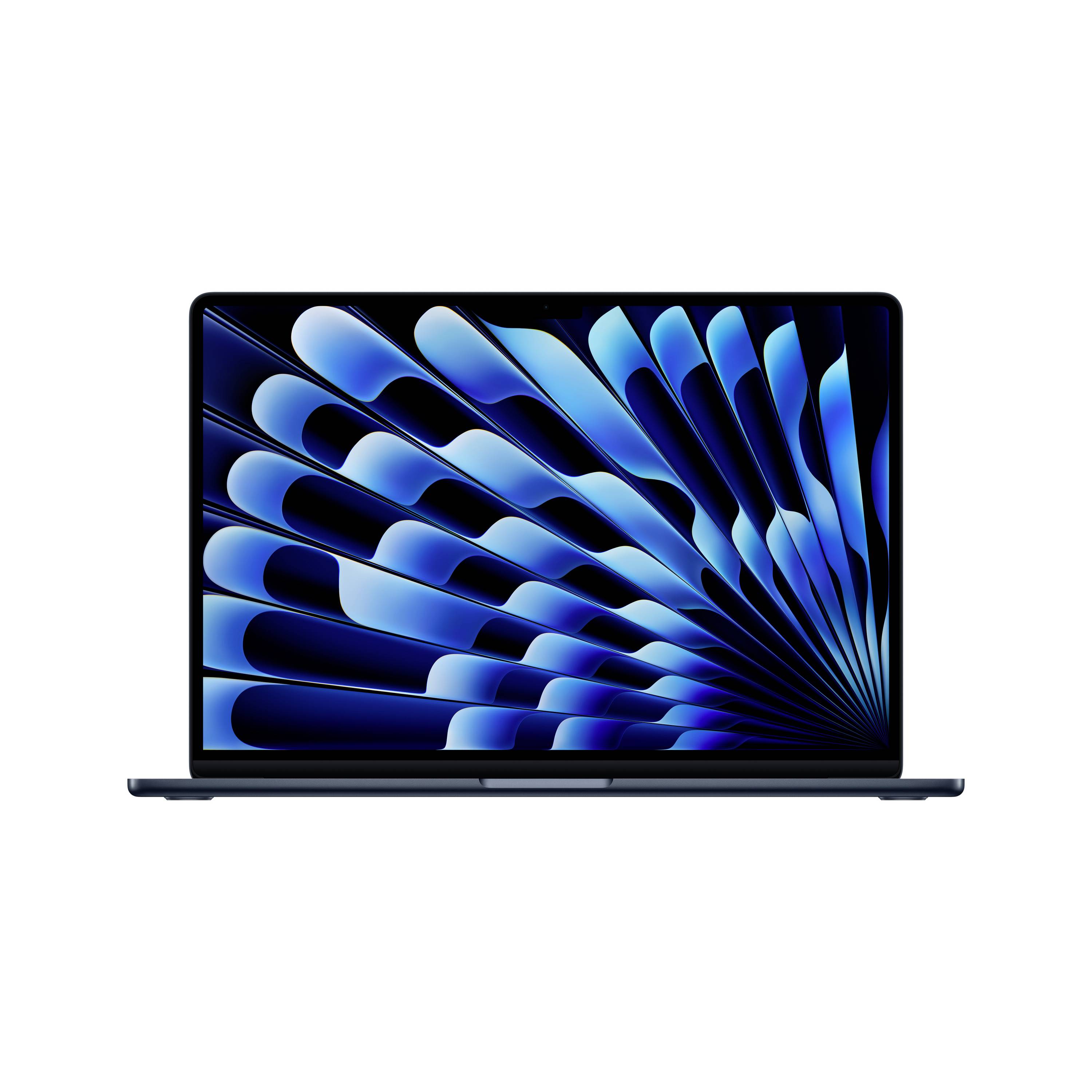 Vorderansicht eines dünnen Laptops mit offenem Bildschirm, der ein blaues abstraktes Wirbel-Hintergrundbild auf weißem Hintergrund zeigt.