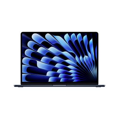 Vorderansicht eines dünnen Laptops mit offenem Bildschirm, der ein blaues abstraktes Wirbel-Hintergrundbild auf weißem Hintergrund zeigt.