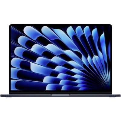 Offener Laptop mit blauem abstraktem, federförmigem Wirbelmuster als Bildschirmhintergrund.