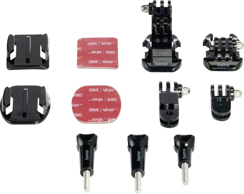 Produktcollage schwarzer Hama-Befestigungsadapter und Schrauben, gezeigt mit 3M VHB-Klebepads in quadratischer und runder Form.