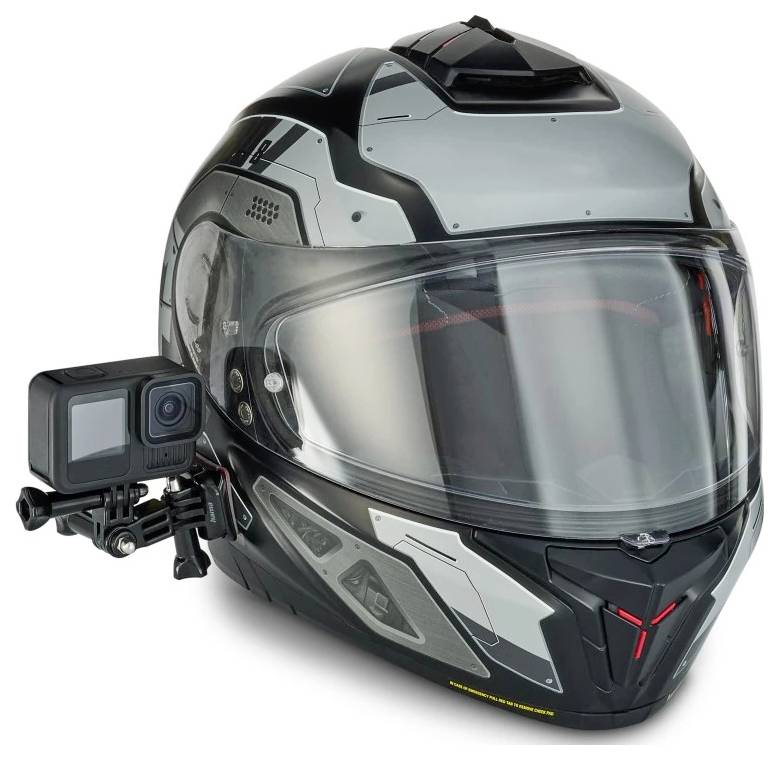 Motorrad-Vollvisierhelm mit einer seitlich angebrachten Action-Kamera auf weißem Hintergrund.