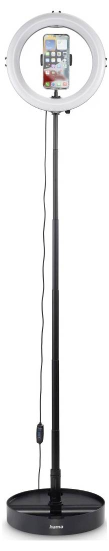 Ringlicht auf einem Stativ, das ein Smartphone in der Mitte hält, mit einem Telefonkabel, das nach unten hängt, und einer Basis darunter.