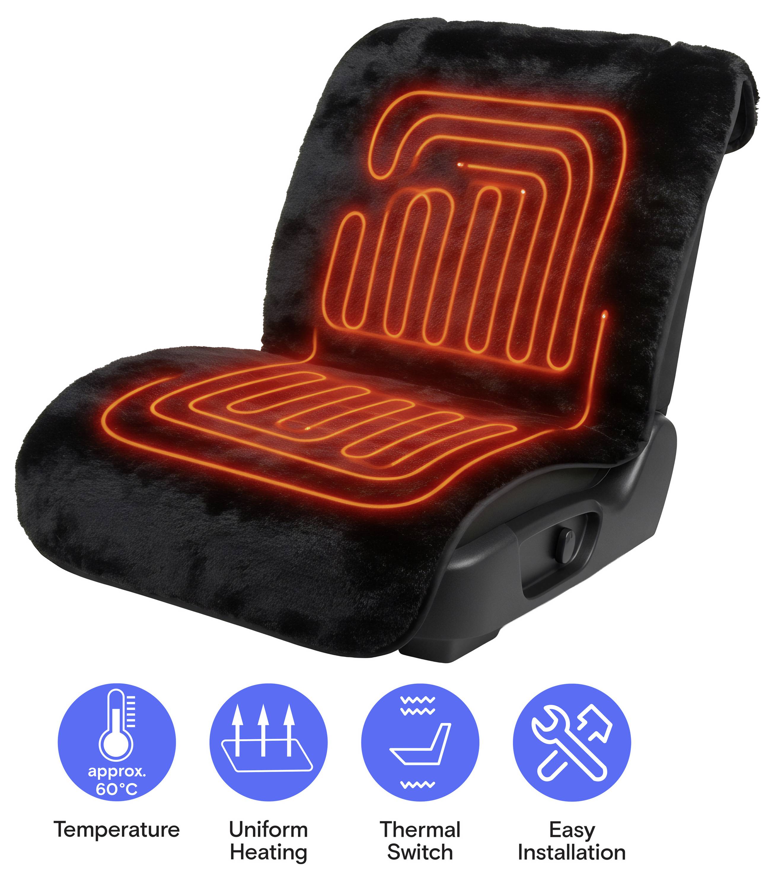Beheizte schwarze Sitzkissen für einen Stuhl, mit leuchtend orangefarbenen Heizelementen und Symbolen für Temperatur, gleichmäßige Wärmeverteiling, Wärmeschalter und einfache Installation.