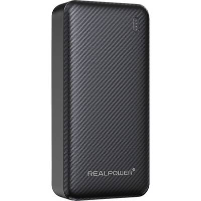 Schwarze RealPower tragbare Powerbank mit Kohlefaser-Muster und LED-Batterieladeanzeige.