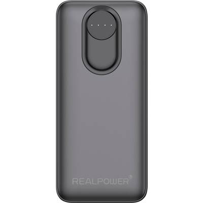 Grauer RealPower-Powerbank mit kreisförmiger Taste und "REALPOWER"-Logo am unteren Ende.