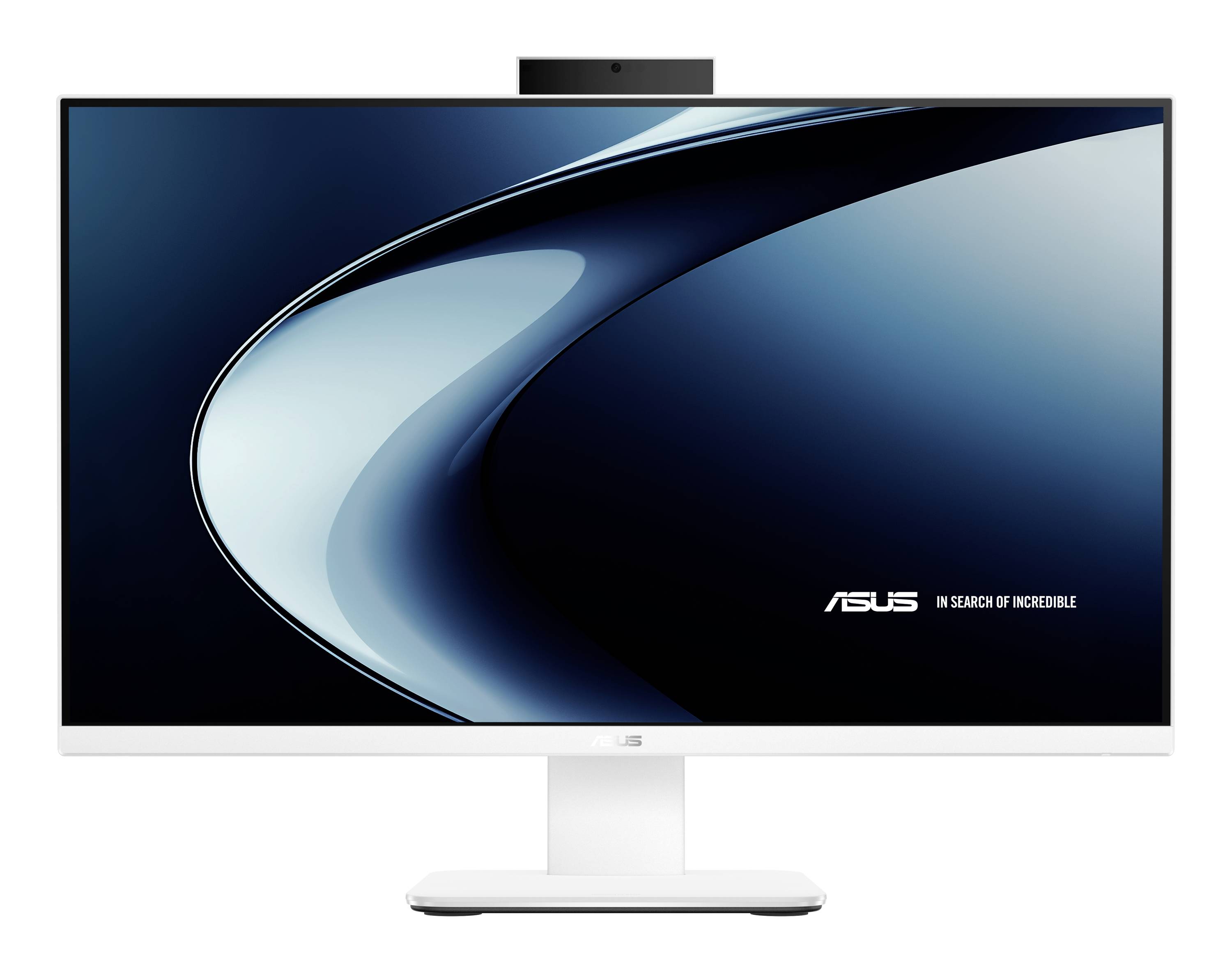 Weißer ASUS All-in-One-Desktop-Monitor mit integrierter Webcam, zeigt einen blauen abstrakten Bildschirm und den Text „ASUS In Search of Incredible"