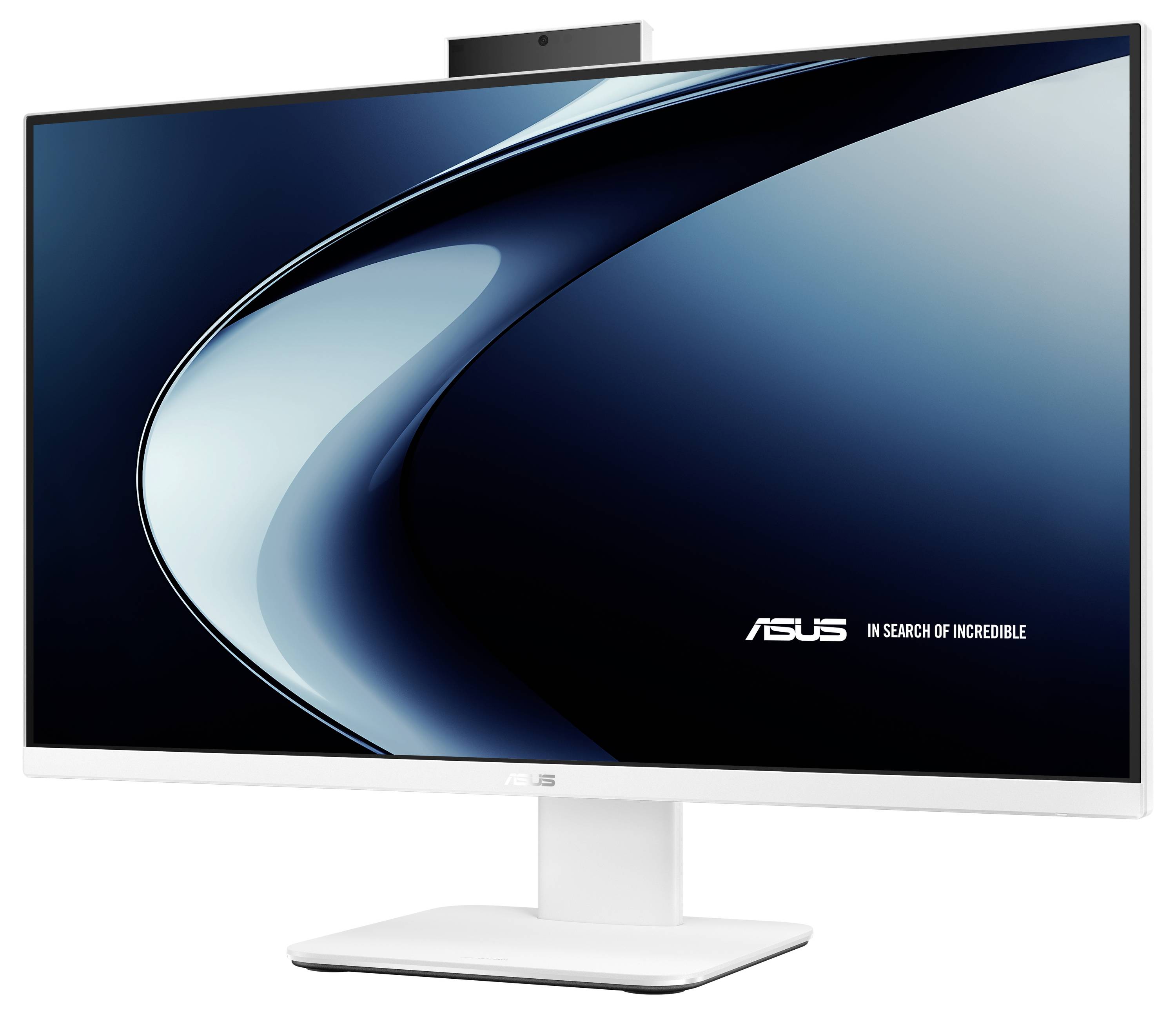 ASUS-Desktop-Monitor mit einer dunkelblauem abstrakten Wellentapete und dem Slogan „Auf der Suche nach dem Unglaublichen" auf dem Bildschirm.