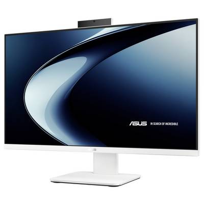 ASUS-Desktop-Monitor mit einer dunkelblauem abstrakten Wellentapete und dem Slogan „Auf der Suche nach dem Unglaublichen" auf dem Bildschirm.