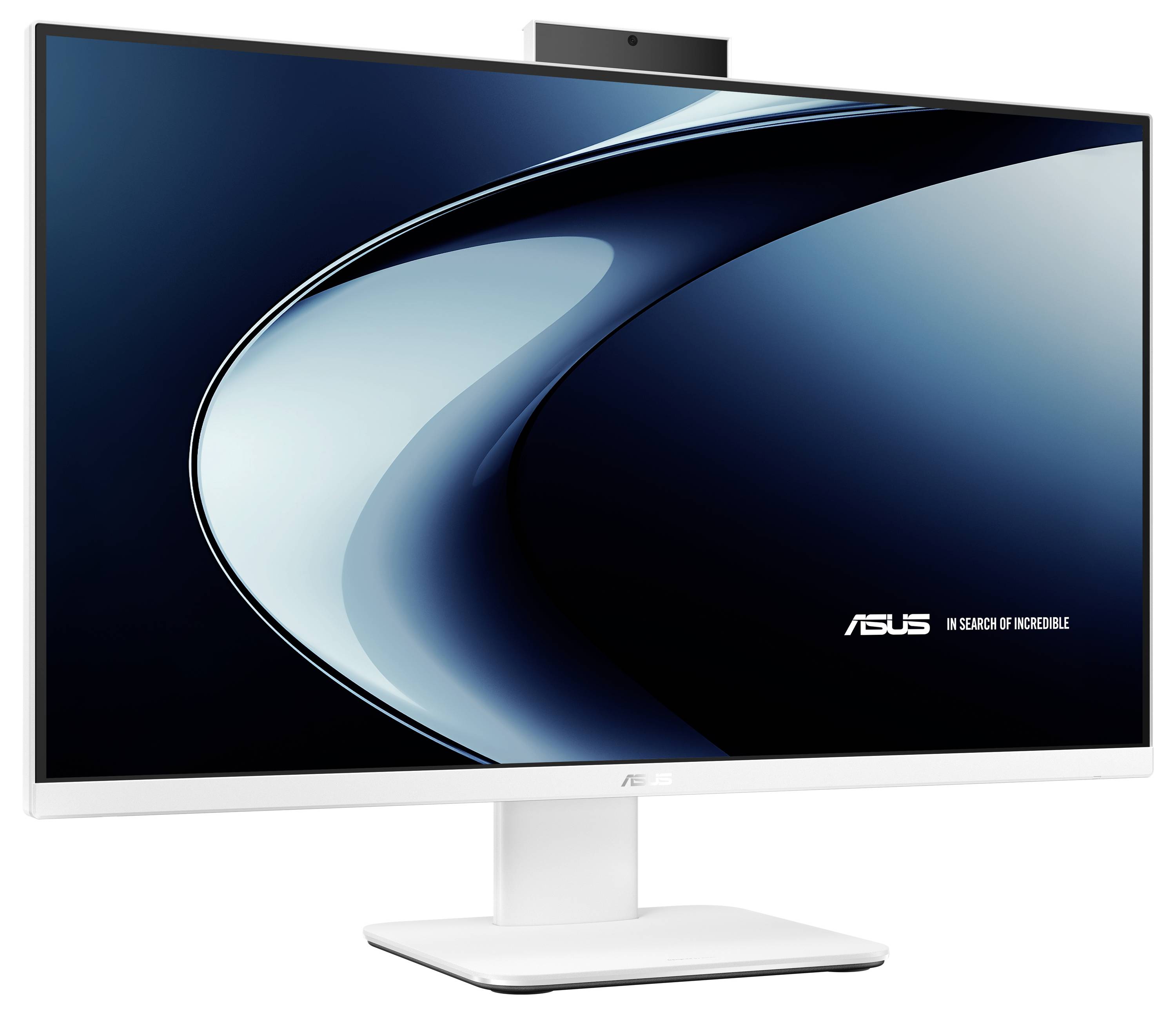 ASUS-Flachbildschirm mit dunkelblauem abstraktem Bildschirm und Logo auf weißem Standfuß
