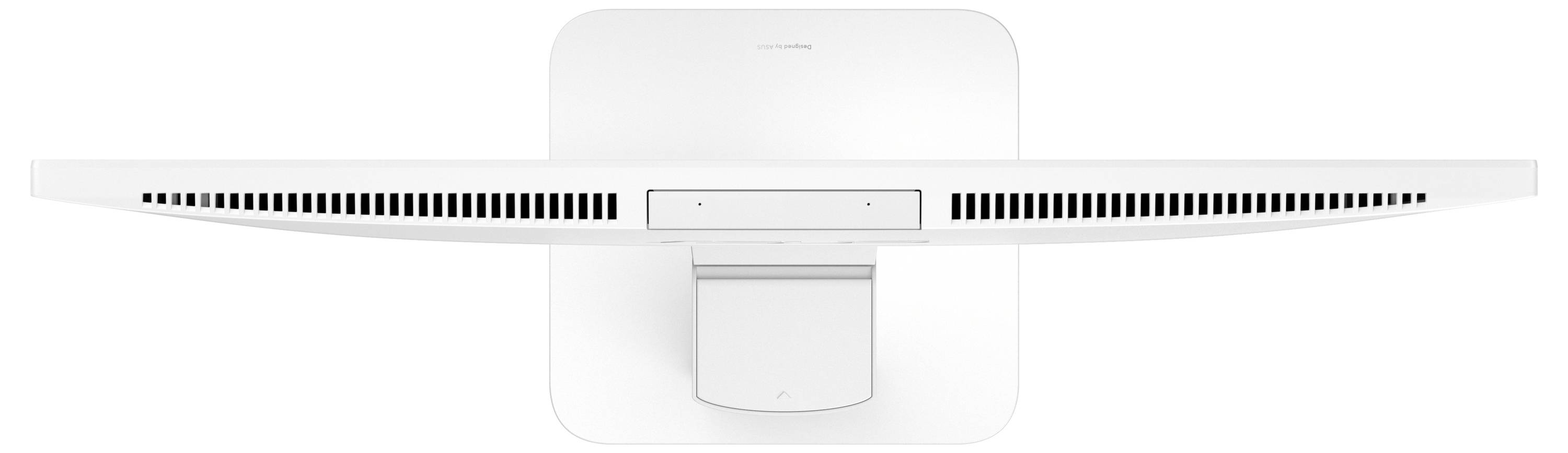 Rückansicht eines weißen All-in-One-Computermonitors mit zentralem Ständer und Belüftungsschlitzen, vor einem einfachen Hintergrund dargestellt.