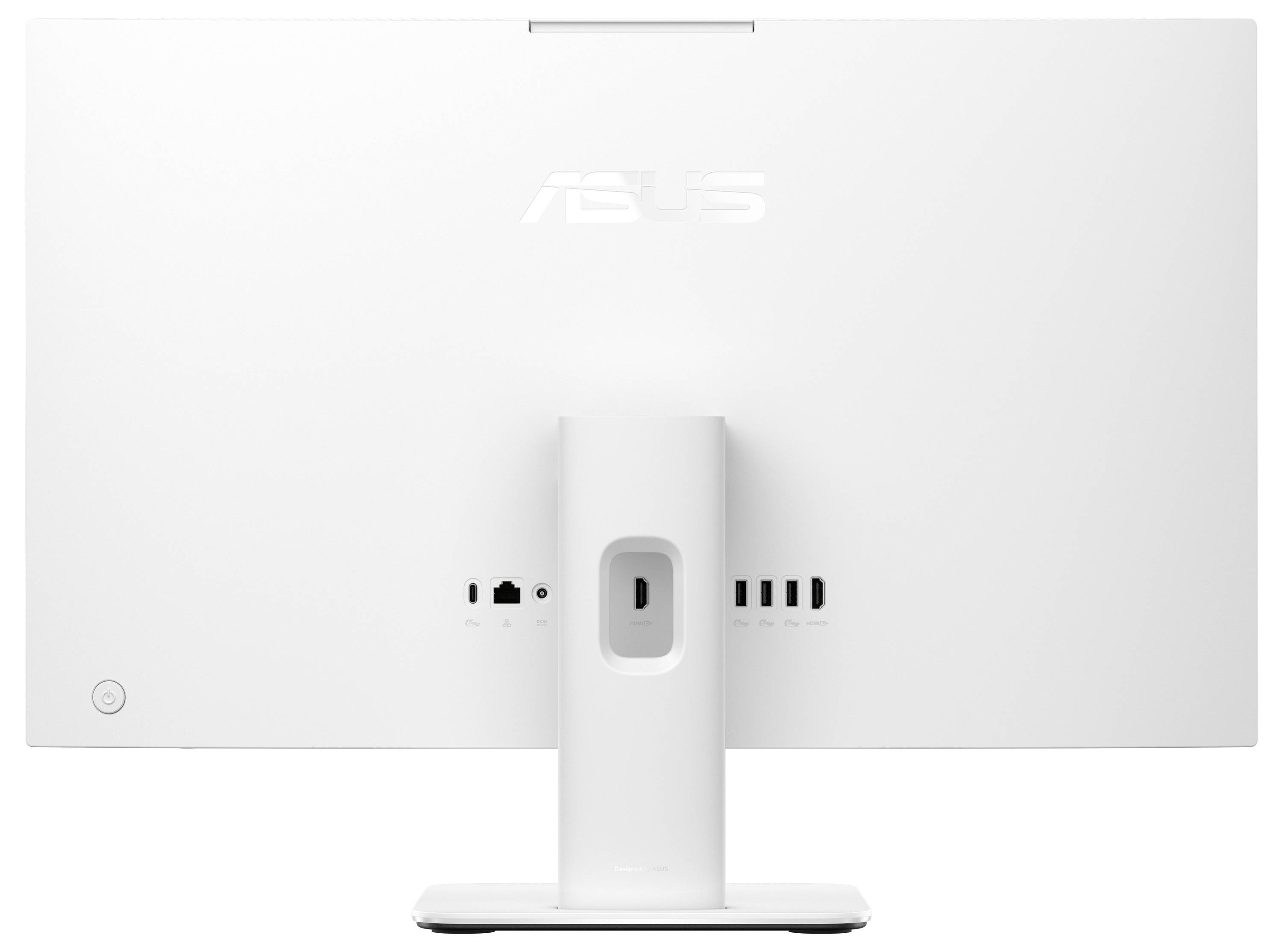 Rückansicht eines weißen ASUS All-in-One-Desktop-Monitors auf einem Ständer, die den zentralen Kabelanschluss und die hinteren Belüftungsschlitze zeigt.
