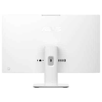 Rückansicht eines weißen ASUS All-in-One-Desktop-Monitors auf einem Ständer, die den zentralen Kabelanschluss und die hinteren Belüftungsschlitze zeigt.