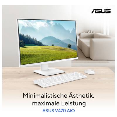 ASUS V470 All-in-One-Desktopcomputer mit Monitor, Tastatur und Maus auf einem Schreibtisch in einem minimalistischen Wohnzimmer; Slogan „Minimalistische Ästhetik, maximale Leistung".
