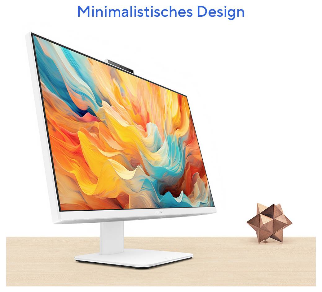 Minimalistisches Design zeigt einen Desktop-Monitor mit einem farbenfrohen abstrakten Display auf einem weißen Ständer auf einem Holzschreibtisch, mit einem geometrischen Dekorationsobjekt daneben.