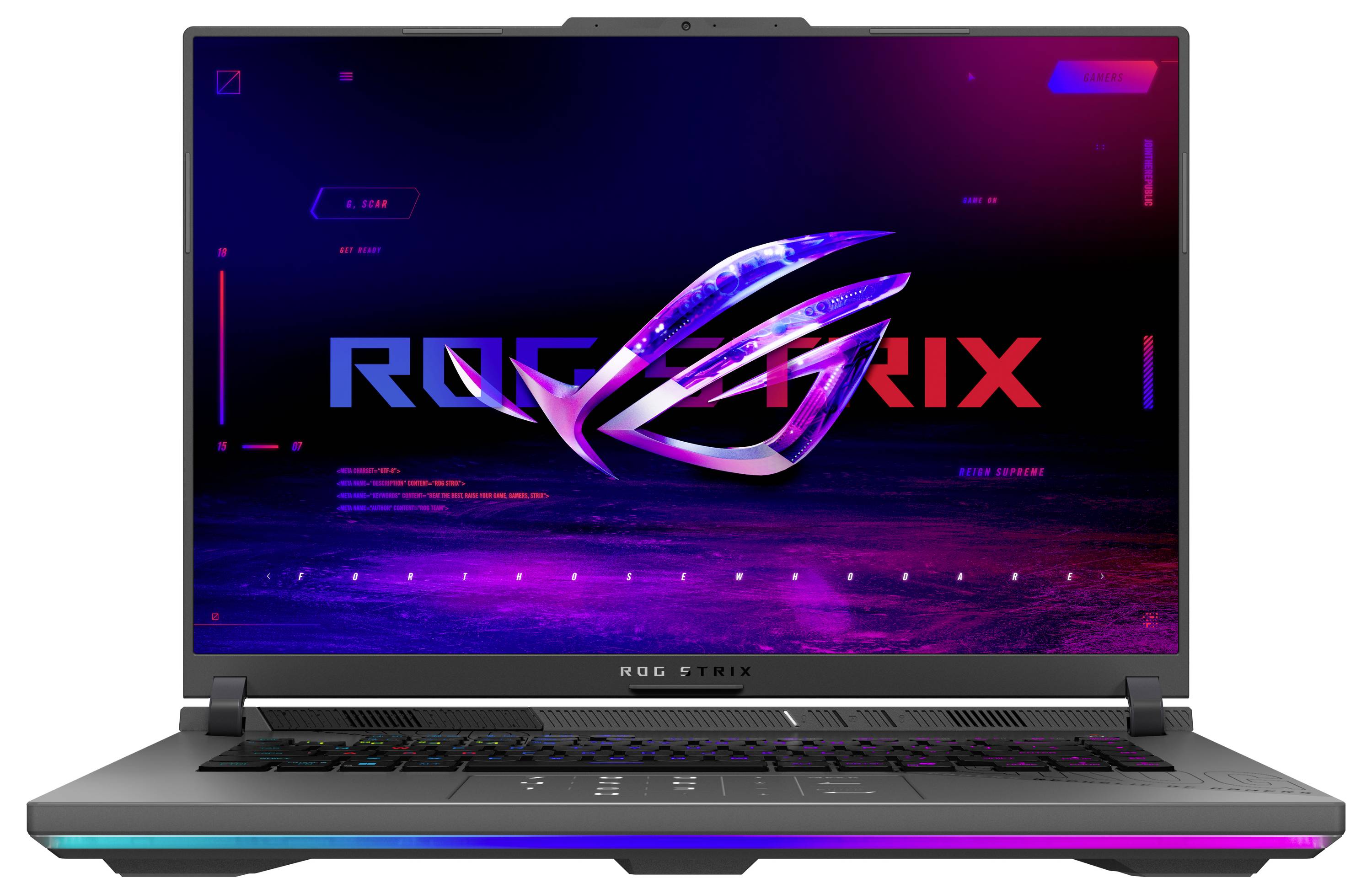 Gaming-Laptop offen angezeigt mit RGB-beleuchteter Tastatur und ROG Strix-Branding auf dem Bildschirm in einem Neon-Lila und Blau-Design.