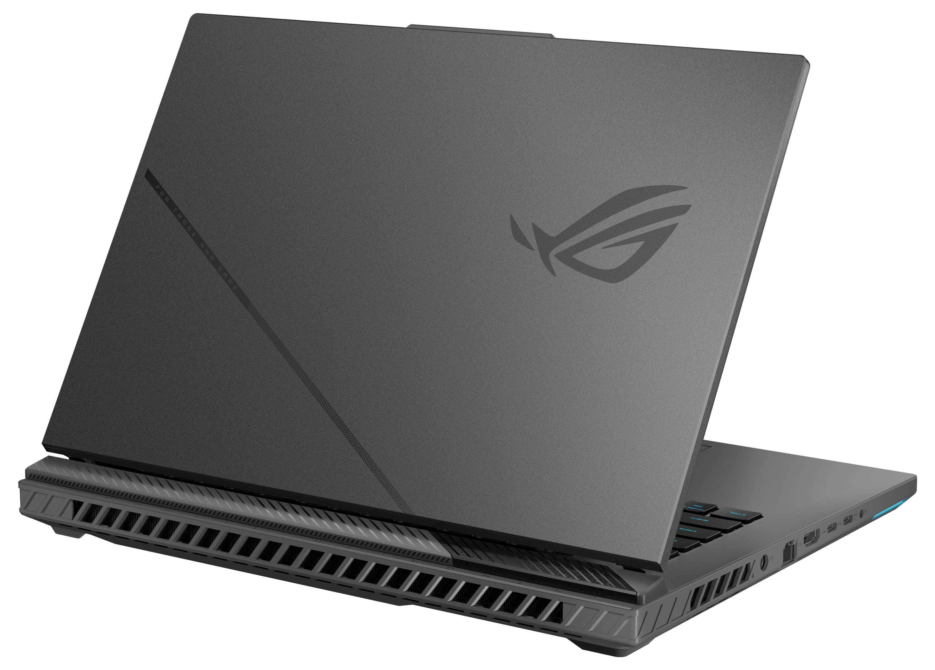 Geschlossener schwarzer ASUS ROG Gaming-Laptop, Ansicht von hinten links, zeigt beleuchtete Tastaturakzente und hintere Lüftungsöffnungen.