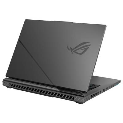 Geschlossener schwarzer ASUS ROG Gaming-Laptop, Ansicht von hinten links, zeigt beleuchtete Tastaturakzente und hintere Lüftungsöffnungen.