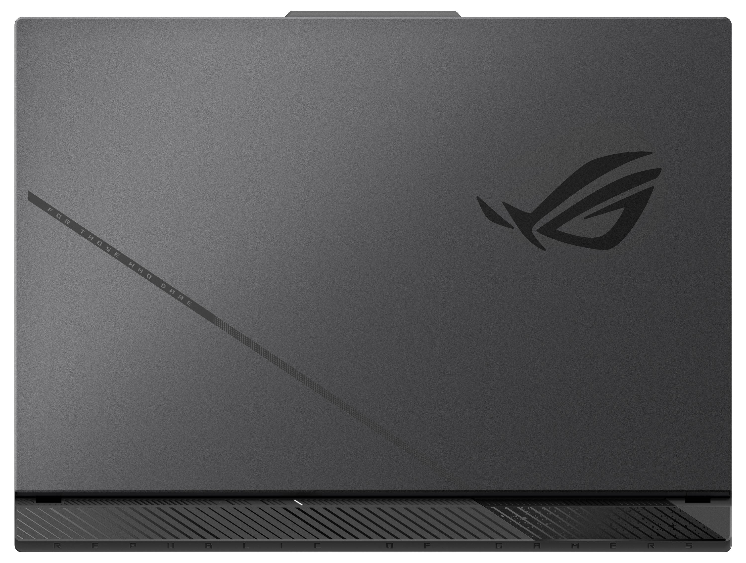 Geschlossener dunkelgrauer ASUS ROG-Laptop mit Logo und diagonaler Akzentlinie.