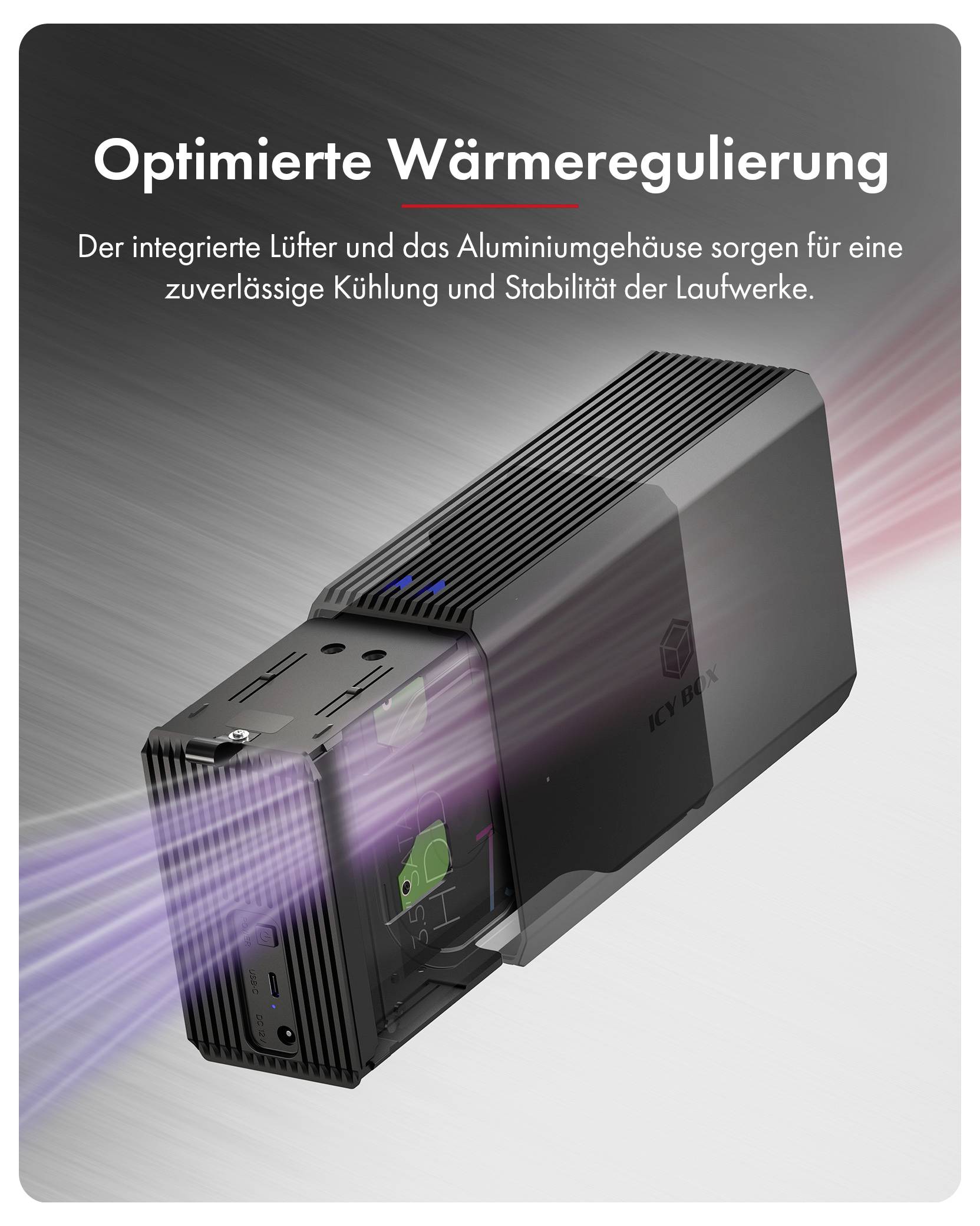 Werbegrafik eines Geräts mit Luftstrom- und Wärmeleuchten, beschriftet mit „Optimierte Wärmeregulierung"; der Text besagt, dass ein integrierter Lüfter und ein Aluminiumgehäuse zuverlässige Kühlung und Stabilität bieten.
