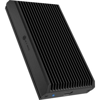 Schwarze ICY BOX externe Festplattengehäuse mit geripptem Aluminium-Gehäuse und kleiner blauer Statusanzeige