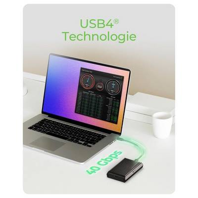 Laptop, der durch ein leuchtendes USB4-Kabel mit einem externen Laufwerk verbunden ist, mit dem Text „USB4-Technologie" oben und „40 Gbps" in der Nähe des Laufwerks, der einen Hochgeschwindigkeitsdatentransfer zeigt.