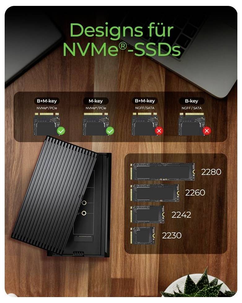 Infografik mit dem Titel „Designs für NVMe-SSDs" zeigt kompatible M.2-Schlüsseltypen und Längen: B+M-Schlüssel und M-Schlüssel unterstützt, B+M-Schlüssel und B-Schlüssel nicht unterstützt; Größen 2280, 2260, 2242, 2230.