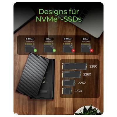 Infografik mit dem Titel „Designs für NVMe-SSDs" zeigt kompatible M.2-Schlüsseltypen und Längen: B+M-Schlüssel und M-Schlüssel unterstützt, B+M-Schlüssel und B-Schlüssel nicht unterstützt; Größen 2280, 2260, 2242, 2230.