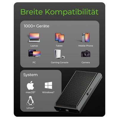 Infografik mit dem Titel „Breite Kompatibilität" zeigt ein Gerät, das mit über 1000 Geräten kompatibel ist, einschließlich Laptops, Tablets, Telefonen, PCs, Spielkonsolen, Kameras und macOS-, Windows- und Linux-Systemen.