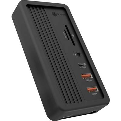 Schwarzes ICY BOX externes Laufwerksgehäuse mit USB-C und vorderen SD/microSD-Kartensteckplätzen sowie zwei USB-A-Anschlüssen, in Schrägansicht dargestellt.