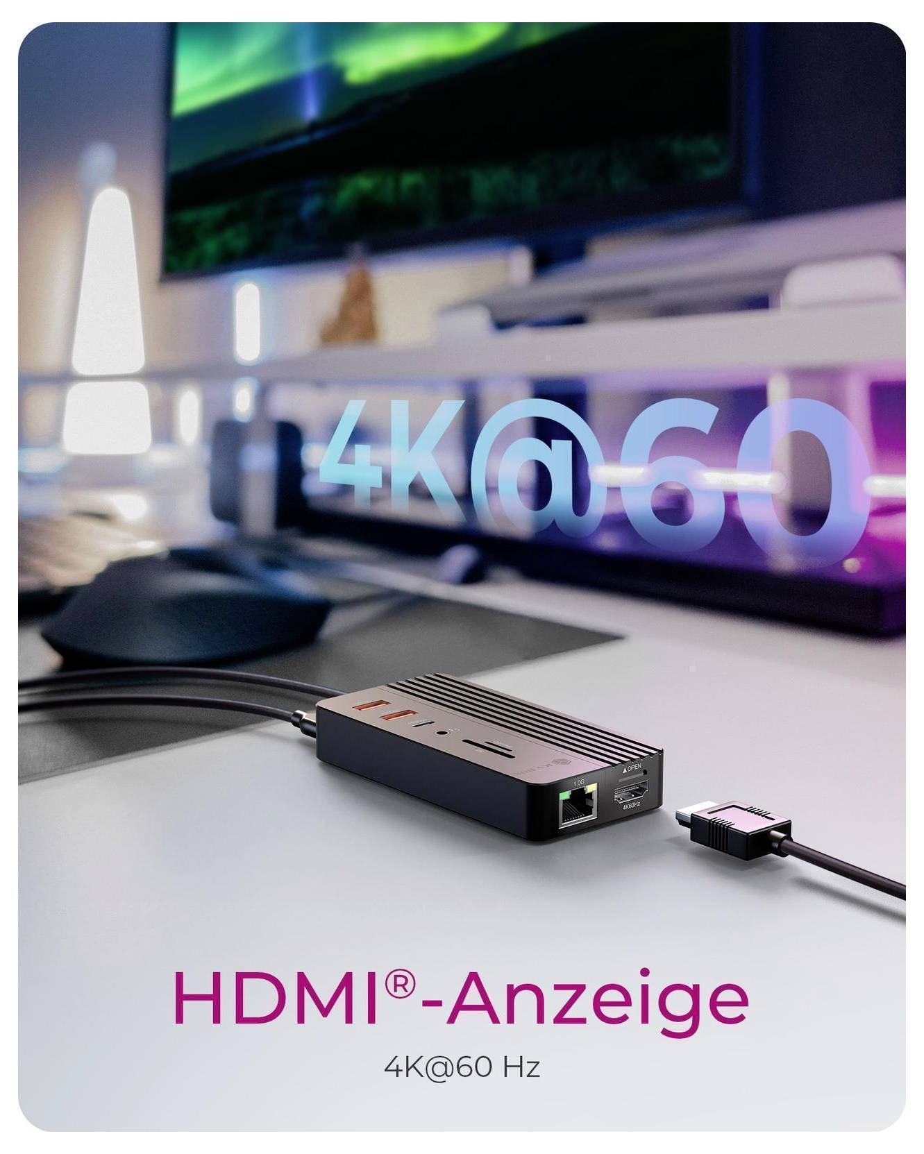 HDMI-Anzeigeadapter auf einem Schreibtisch, angezeigt mit dem Text „HDMI-Anzeige" und „4K@60 Hz", was 4K-60-Hz-Ausgabeunterstützung anzeigt.