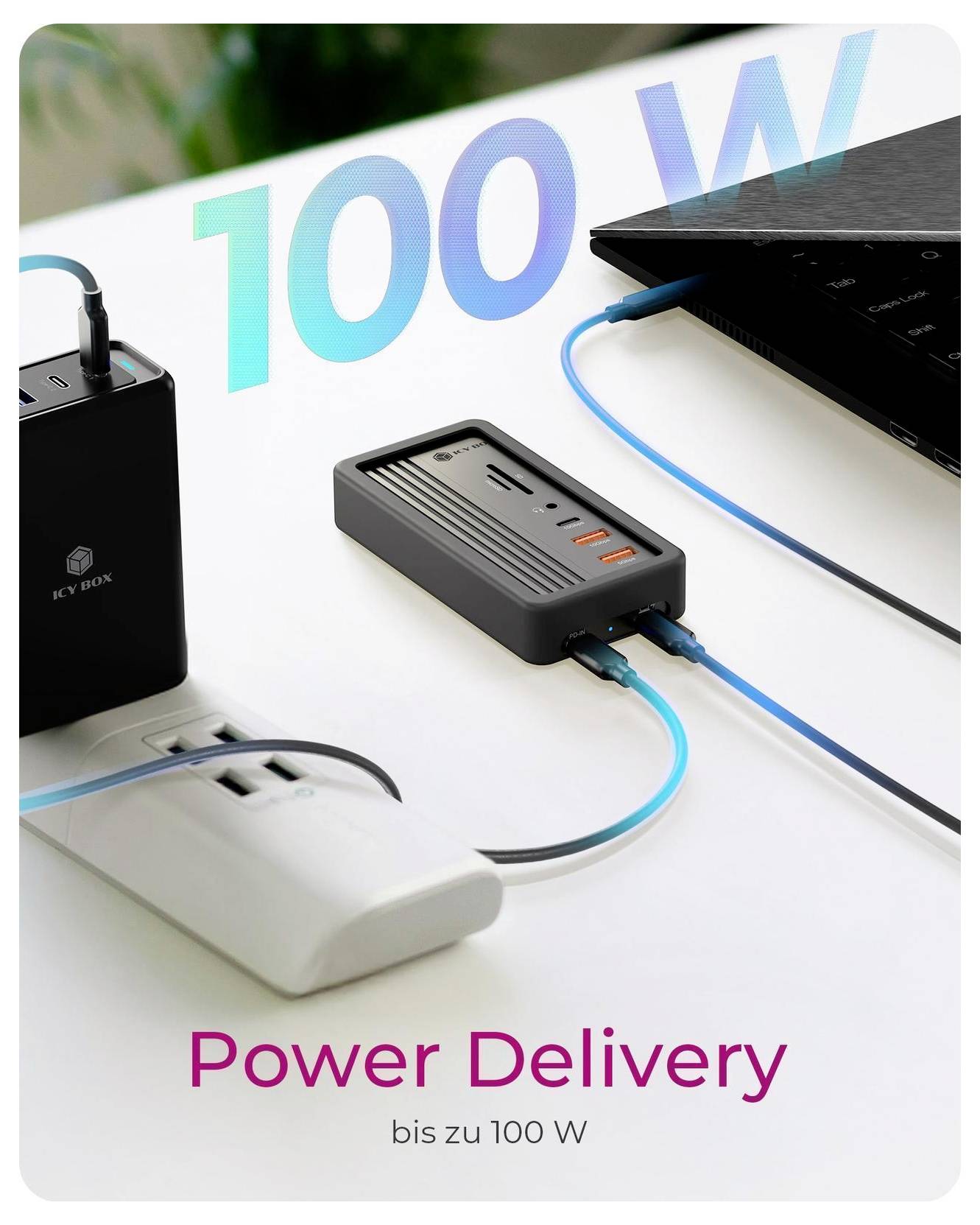 USB-C-Stromanschluss und Laptop verbunden durch blaue Kabel, mit Text „100 W" und „Power Delivery bis zu 100 W", das 100-W-Ladung anzeigt.