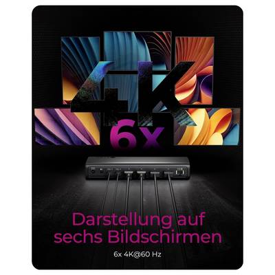 Produktwerbung zeigt eine Dockingstation, die sechs Monitore betreibt, mit großen Grafiken „4K" und „6x"; der Text lautet „Darstellung auf sechs Bildschirmen" und „6x 4K@60 Hz".