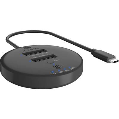 Rundes schwarzes Docking-Hub mit angekabeltem USB-C-Kabel, zwei Kartensteckplätzen und LED-Anzeigen für Batterieladestände von 25% bis 100% auf der Oberseite.