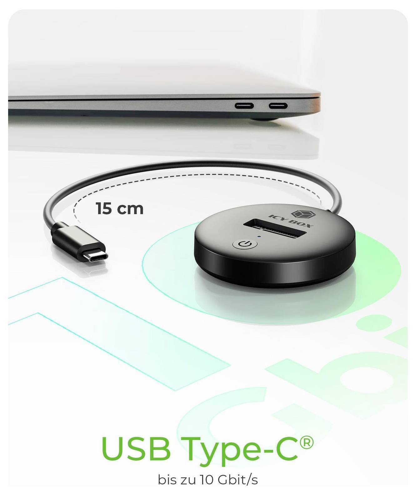 USB Type-C Hub mit kurzem 15 cm Kabel, neben einem Laptop gezeigt; Text sagt „USB Type-C®" und „bis zu 10 Gbit/s".