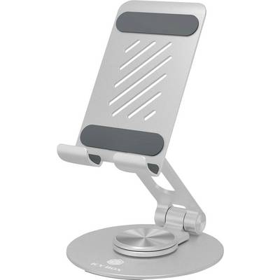 Verstellbarer silberner Telefonständer mit geschlitzter Rückenlehne und gewichteter runder Basis, dargestellt in gefalteter, geneigter Position.