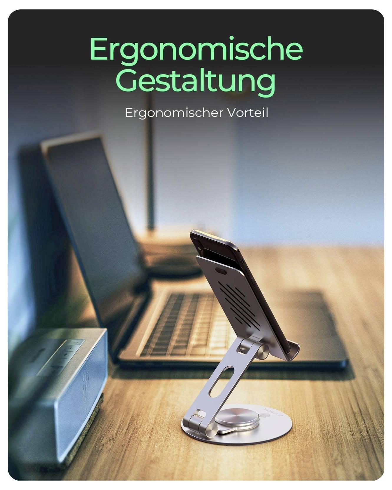 Laptop und Smartphone auf Ständern auf einem Schreibtisch, das „Ergonomische Gestaltung" mit dem Untertitel „Ergonomischer Vorteil" veranschaulicht.