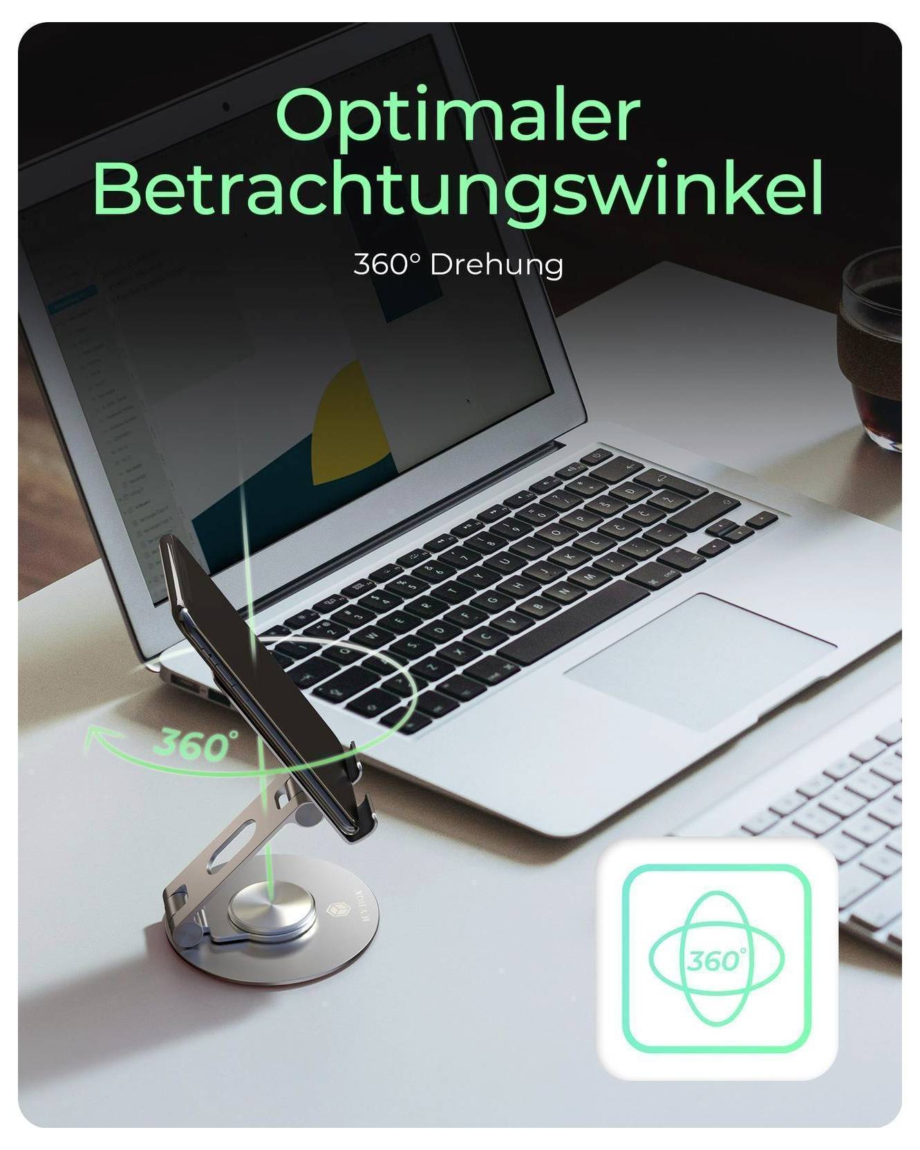 Laptop auf einem Schreibtisch mit verstellbarem Ständer und 360°-Rotationsgrafik; der Text lautet „Optimaler Betrachtungswinkel" und „360° Drehung".