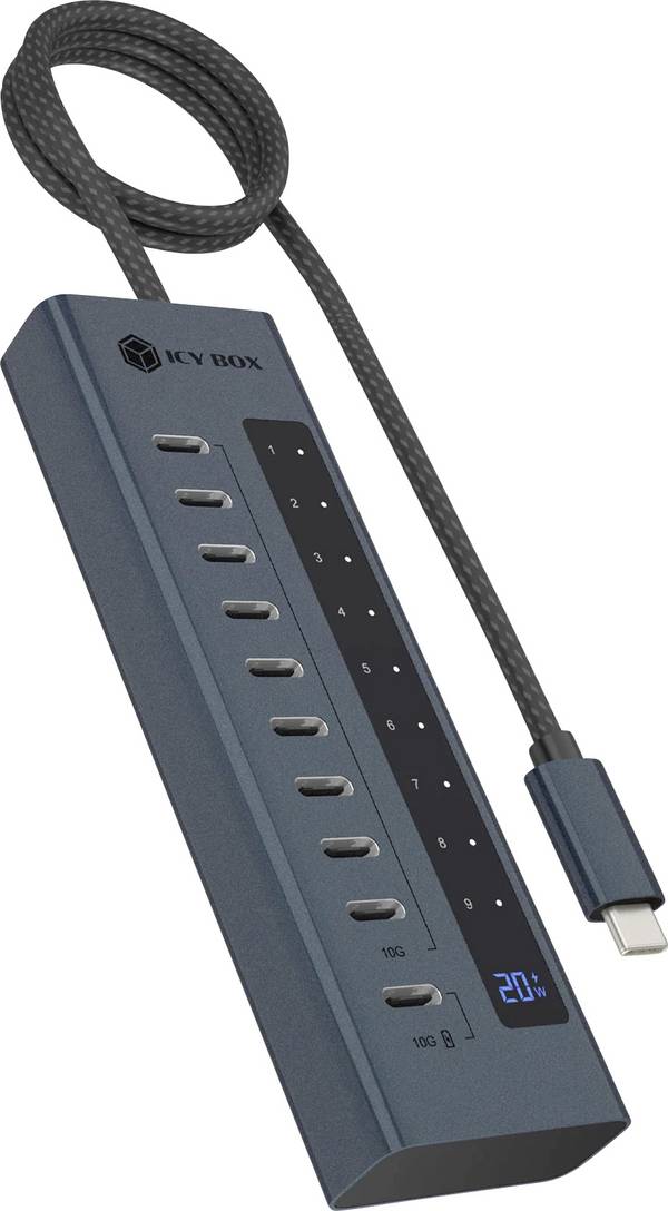 ICY BOX 61171 USB-Hub 10 Port USB-C®, USB-C® PD USB 3.2 Gen2 10 GBit/s LED-Anzeige, mit Aluminiumgehäuse Blau IB-HUB1450-C31