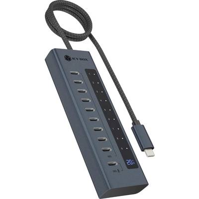 Tragbarer USB-C-Ladehub mit mehreren Anschlüssen und digitaler Akkustandsanzeige mit 20 % Restladung.