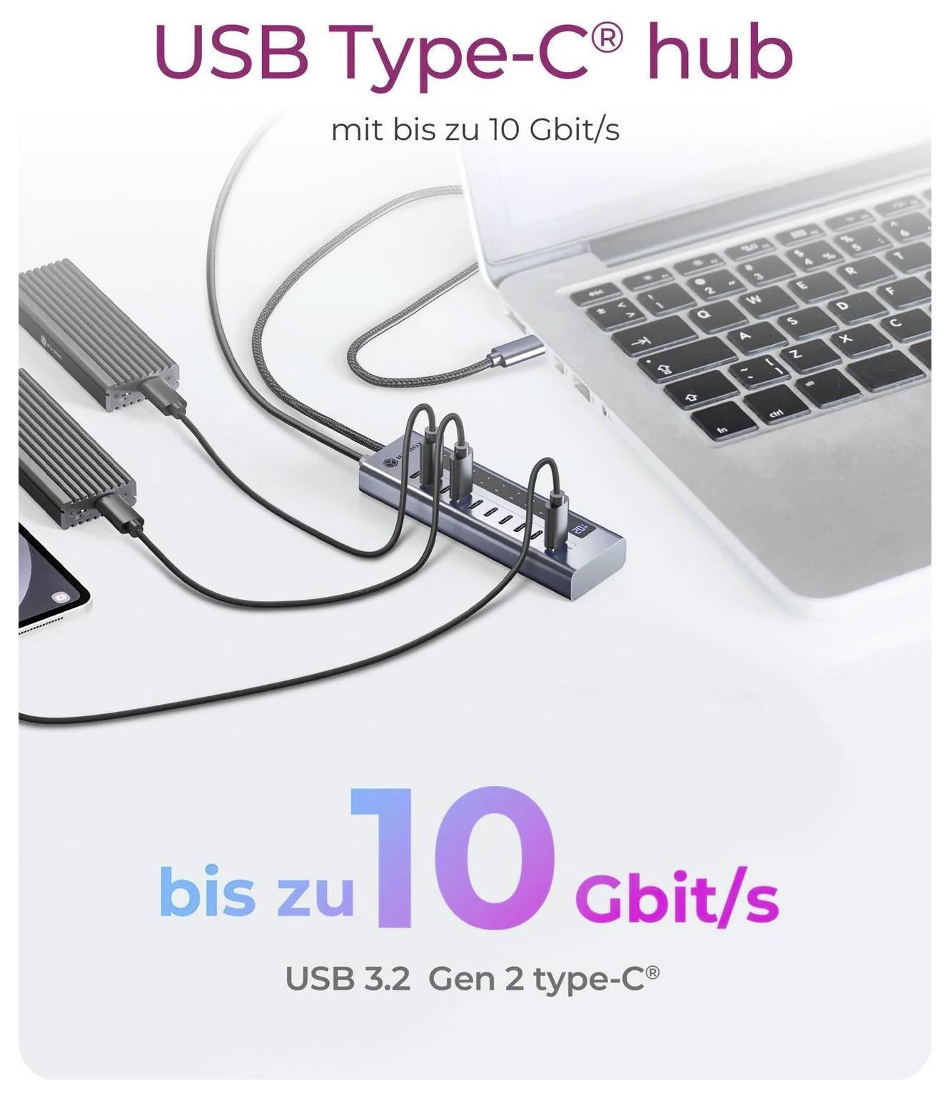 ICY BOX 61171 USB-Hub 10 Port USB-C®, USB-C® PD USB 3.2 Gen2 10 GBit/s LED-Anzeige, mit Aluminiumgehäuse Blau IB-HUB1450-1