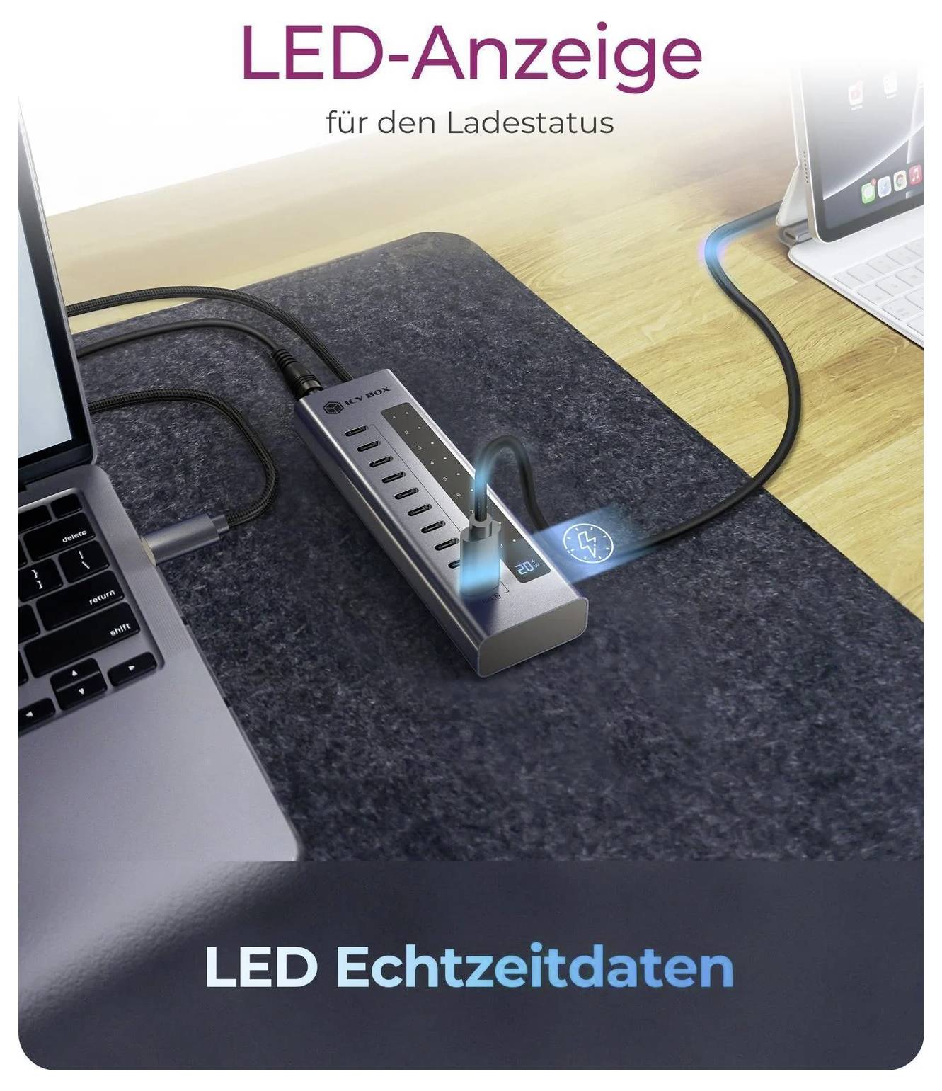 USB-Ladehub mit LED-Statusanzeigen, dargestellt zwischen einem Laptop und Tablet; Text lautet „LED-Anzeige für den Ladestatus" und „LED Echtzeit-Daten".
